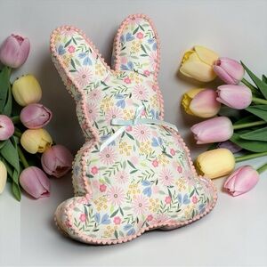 Floral Pastel Easter Bunny Peep Shaped Plush Pom Pom Accent Decorative Pillow